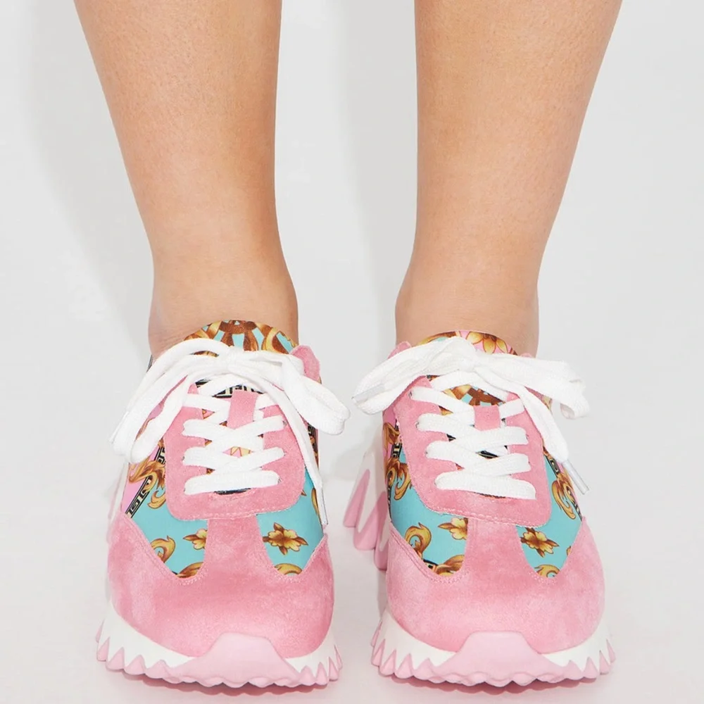 Fashion Nova Pink and Light Blue Baroque Platform Sneakers
